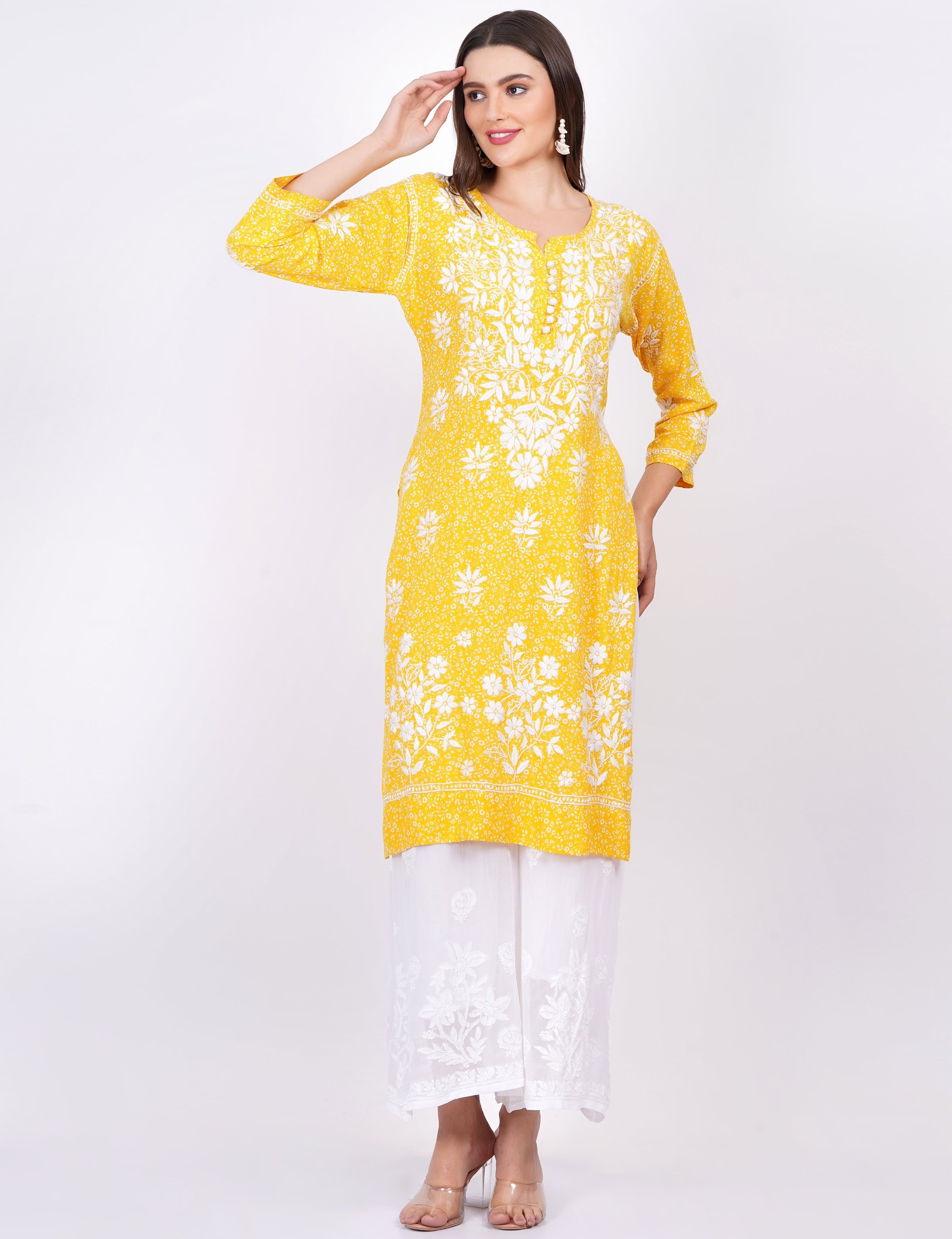 Yellow Rayon Chikankari Kurti - Sufiza Lifestyle