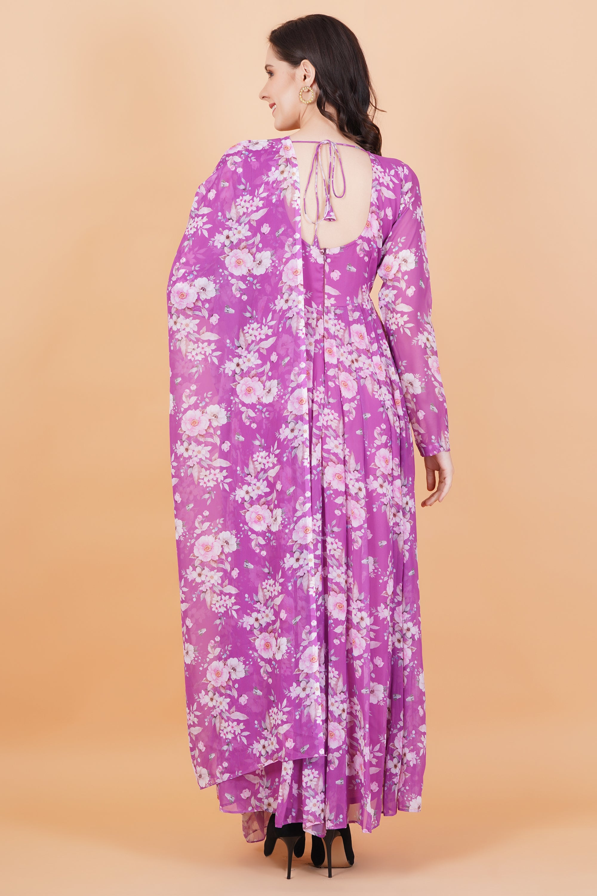 Purple Flower Printed Georgette Zardosi Hand Work - Sufiza Lifestyle