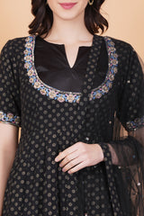 Black with Golden Foil Print zardosi Embroidery Net Dupatta - Sufiza Lifestyle