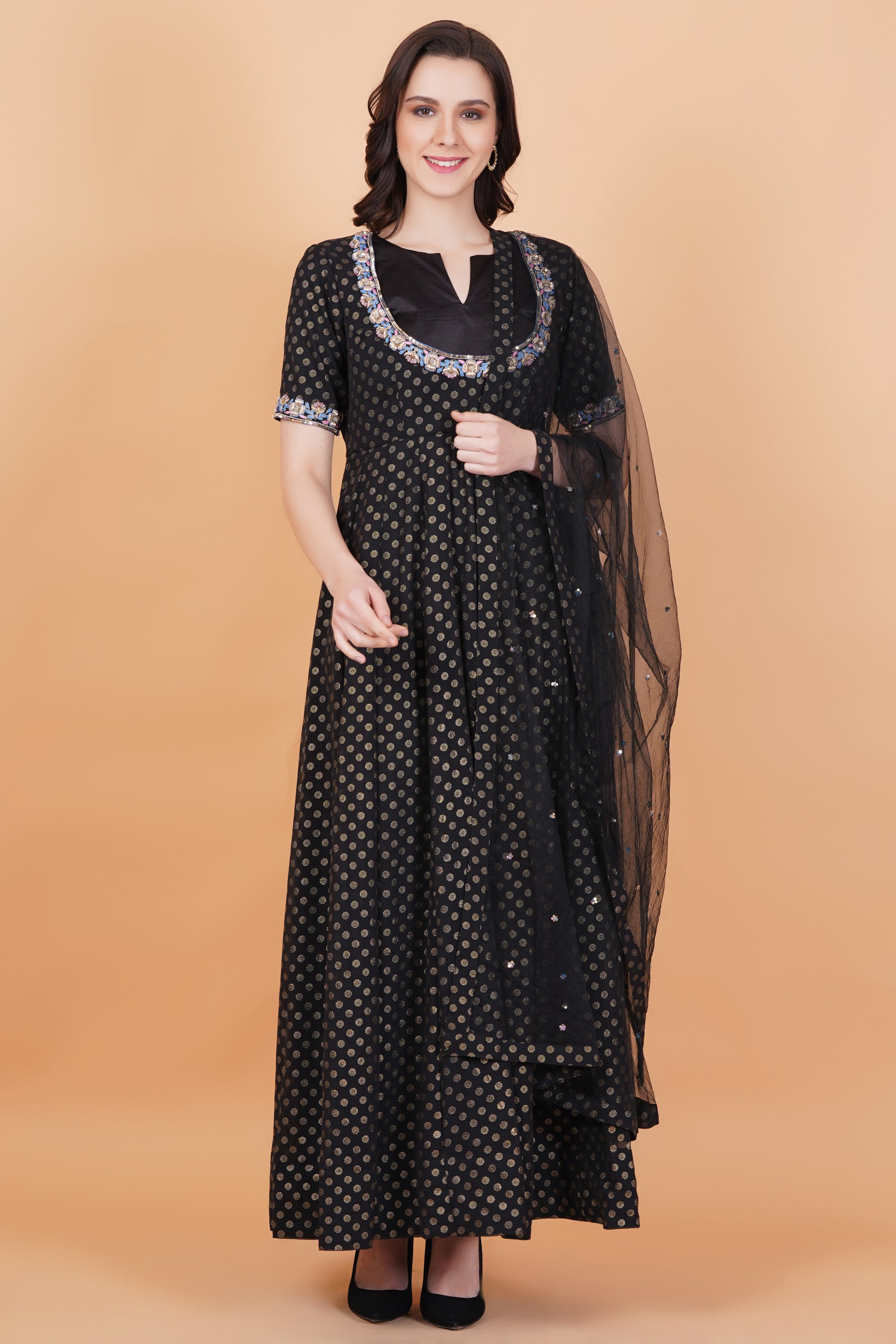 Black with Golden Foil Print zardosi Embroidery Net Dupatta - Sufiza Lifestyle