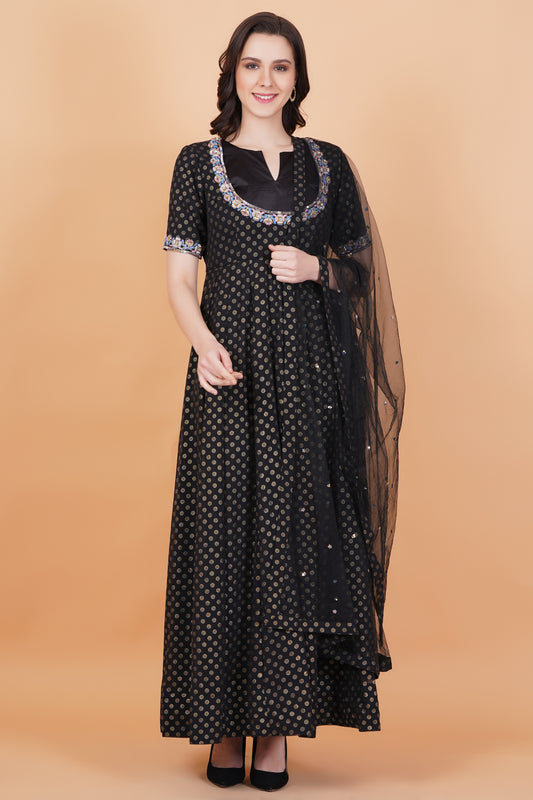 Black with Golden Foil Print zardosi Embroidery Net Dupatta - Sufiza Lifestyle