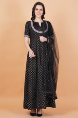 Black with Golden Foil Print zardosi Embroidery Net Dupatta - Sufiza Lifestyle
