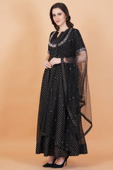 Black with Golden Foil Print zardosi Embroidery Net Dupatta - Sufiza Lifestyle