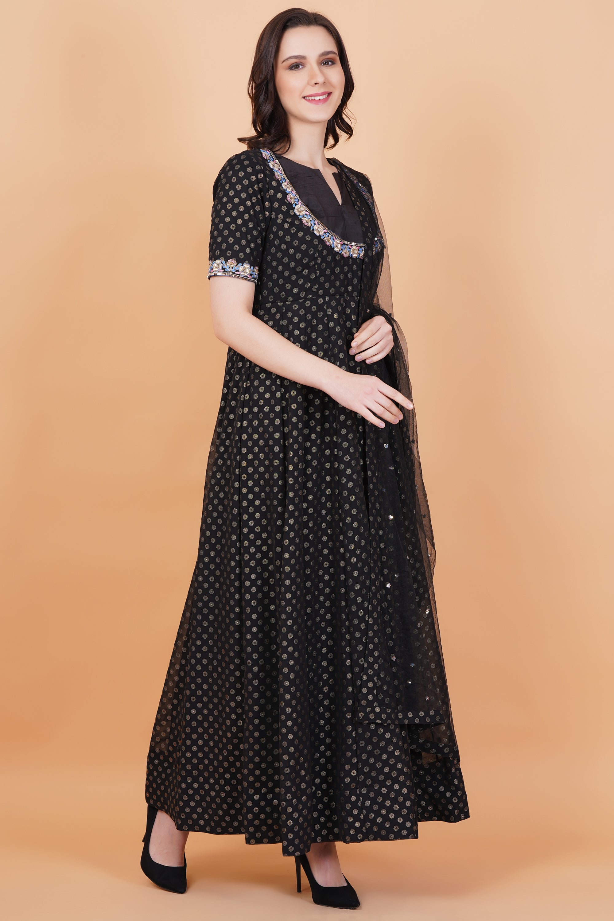 Black with Golden Foil Print zardosi Embroidery Net Dupatta - Sufiza Lifestyle