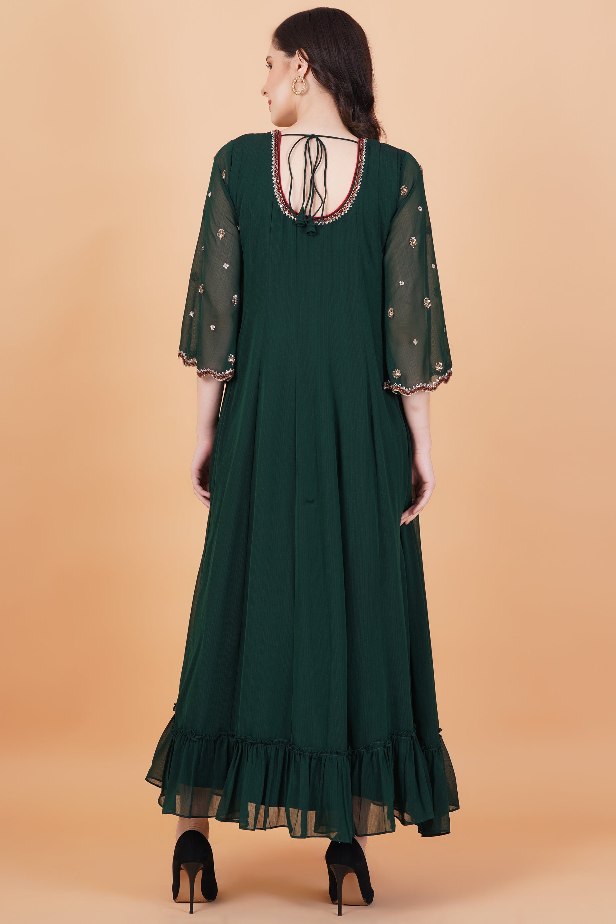 Dark Green Zardosi Hand Work Full Length dress with Mehroon Dupatta - Sufiza Lifestyle
