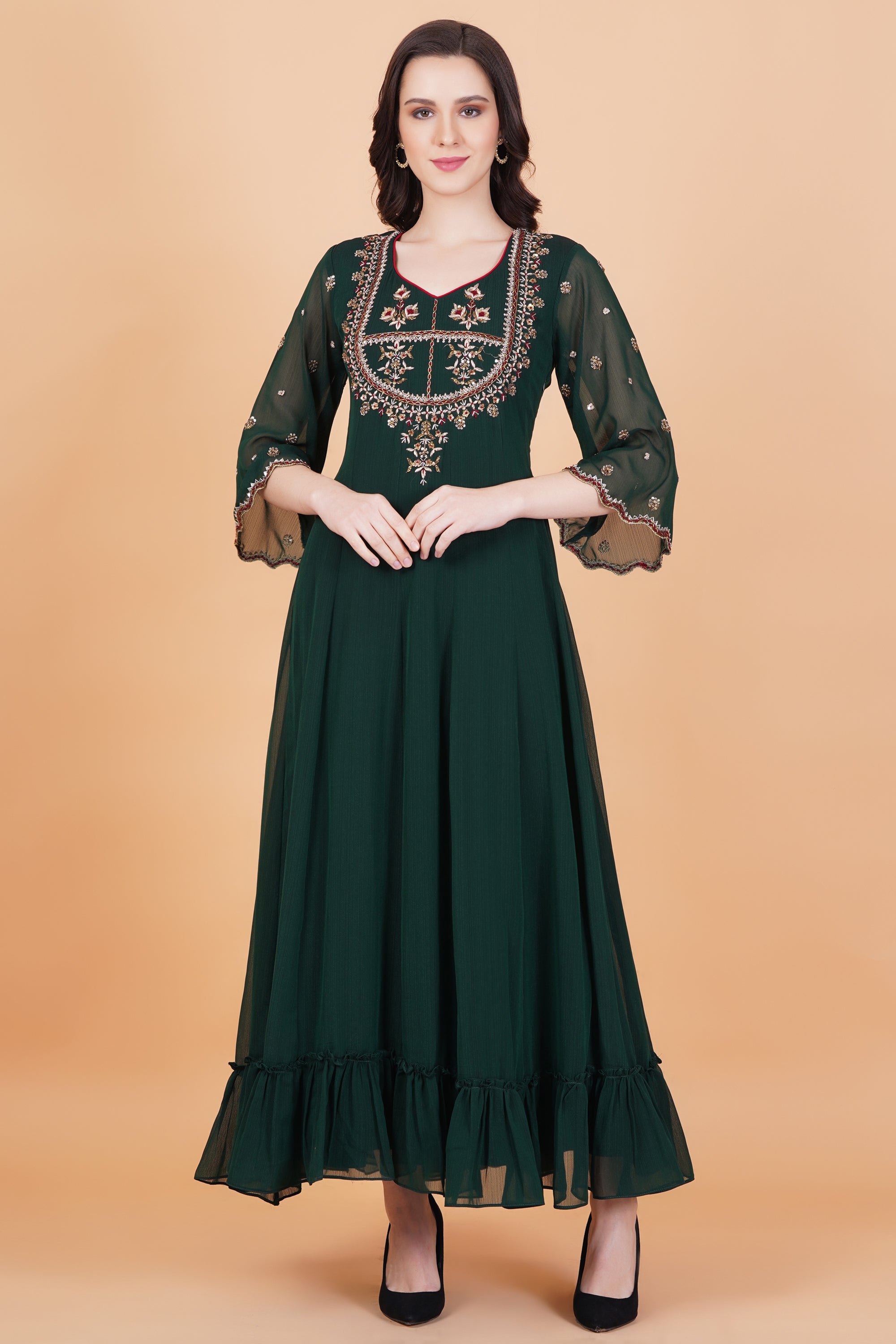 Dark Green Zardosi Hand Work Full Length dress with Mehroon Dupatta - Sufiza Lifestyle