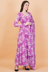 Purple Flower Printed Georgette Zardosi Hand Work - Sufiza Lifestyle