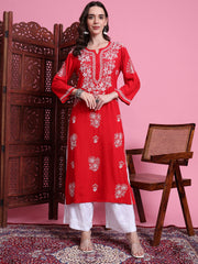 "Sufiza" Chikankari Red Modal Kurta