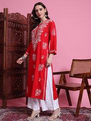 "Sufiza" Chikankari Red Modal Kurta