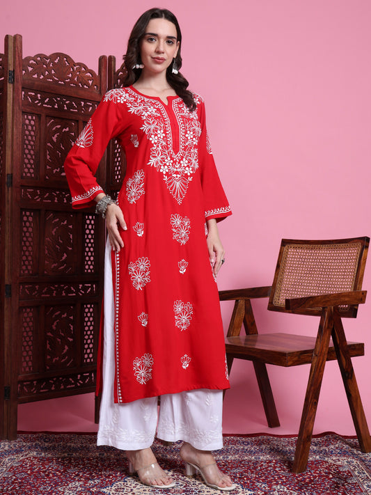 "Sufiza" Chikankari Red Modal Kurta