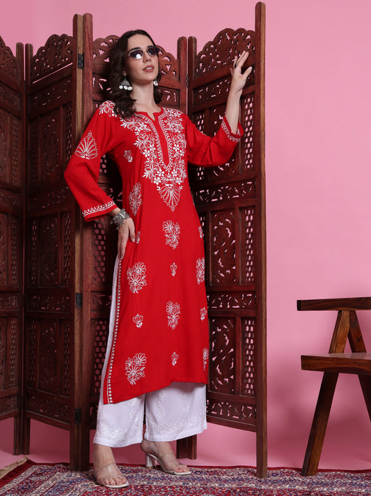 "Sufiza" Chikankari Red Modal Kurta