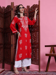 "Sufiza" Chikankari Red Modal Kurta