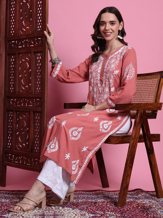"Sufiza" Chikankari Modal Peach Color Kurta