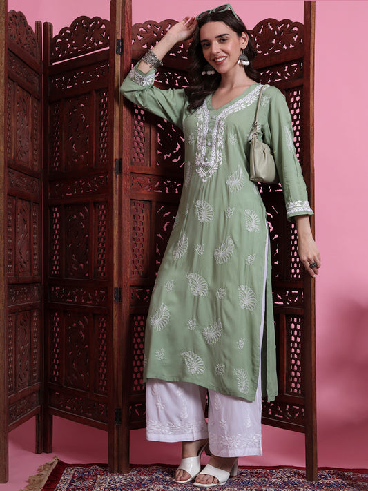 "Sufiza" Chikankari Pista Green Kurta.