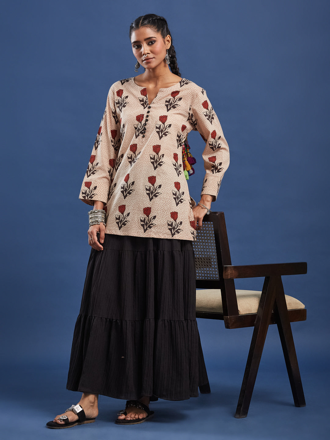 Hand Block Print Bagru Print Kurti, Cotton breathable fabric, Style with Skirt, Palazzo, Trouser and Denim. Collection for casual and office wear, Hand Crafted by Artisans.