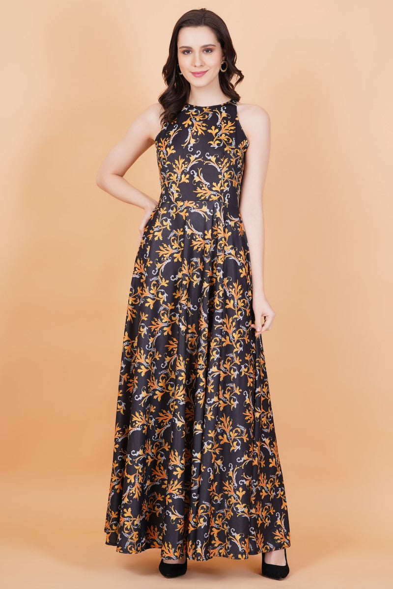 Lycra Black Gown Orange Print - Sufiza Lifestyle