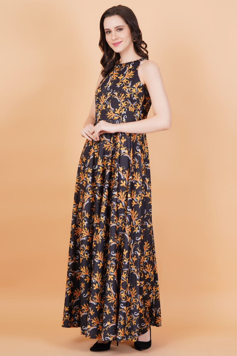 Lycra Black Gown Orange Print - Sufiza Lifestyle