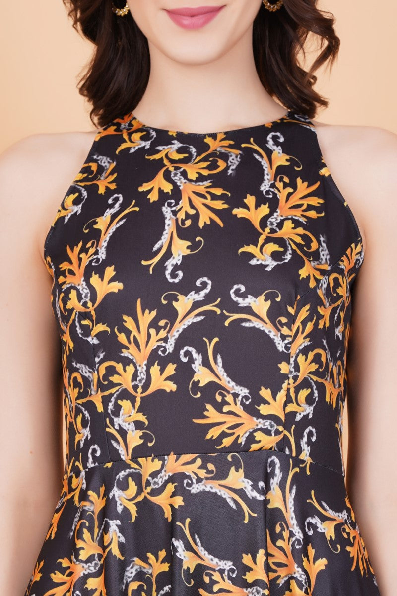 Lycra Black Gown Orange Print - Sufiza Lifestyle