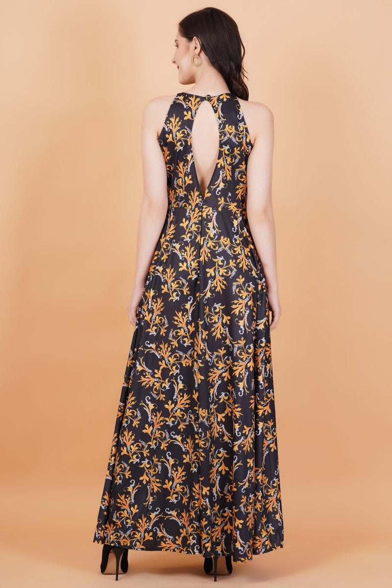 Lycra Black Gown Orange Print - Sufiza Lifestyle