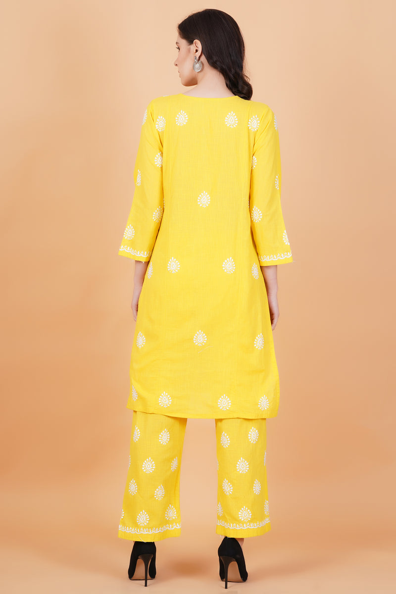 Slub Cotton Mustard Color Chikankari Co-ord Set - Sufiza Lifestyle