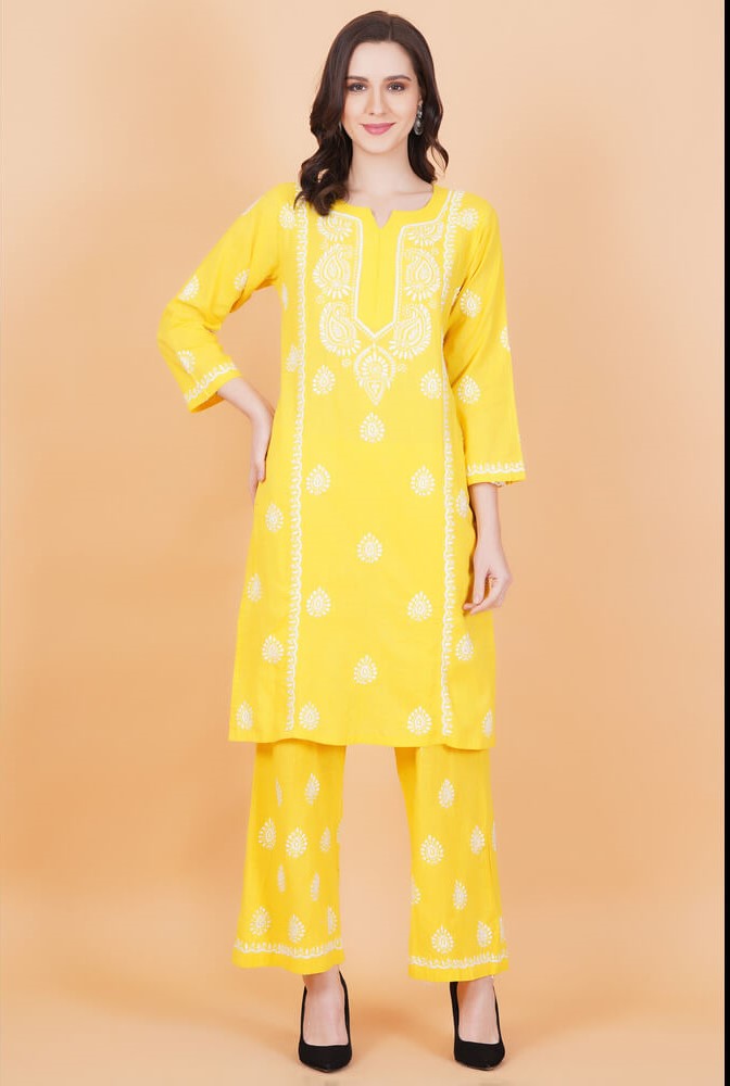 Slub Cotton Mustard Color Chikankari Co-ord Set - Sufiza Lifestyle