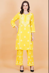 Slub Cotton Mustard Color Chikankari Co-ord Set - Sufiza Lifestyle