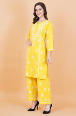 Slub Cotton Mustard Color Chikankari Co-ord Set - Sufiza Lifestyle