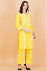Slub Cotton Mustard Color Chikankari Co-ord Set - Sufiza Lifestyle