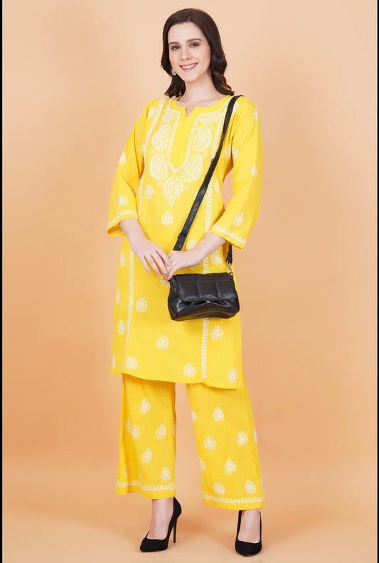 Slub Cotton Mustard Color Chikankari Co-ord Set - Sufiza Lifestyle