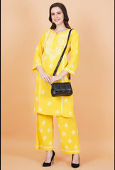 Slub Cotton Mustard Color Chikankari Co-ord Set - Sufiza Lifestyle