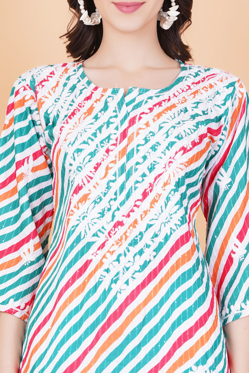 Cotton Leheriya Print Chikankari Kurti - Sufiza Lifestyle