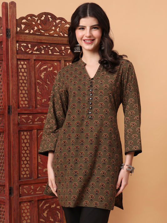 Hand Block Bottle Green Kurti   S2003