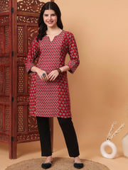 Hand Block Red Color Vegetable Print Kurta  S2007