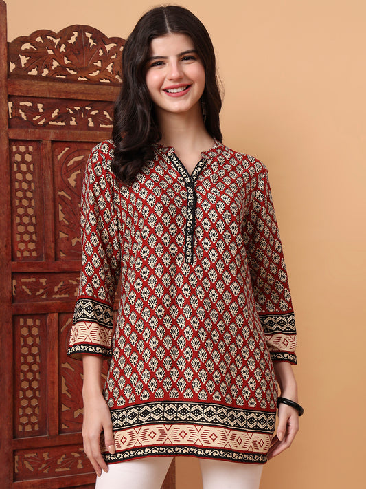 Hand Block Print Beige and Maroon Printed Kurta S2011