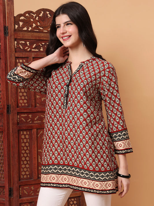 Hand Block Print Beige and Maroon Printed Kurta S2011