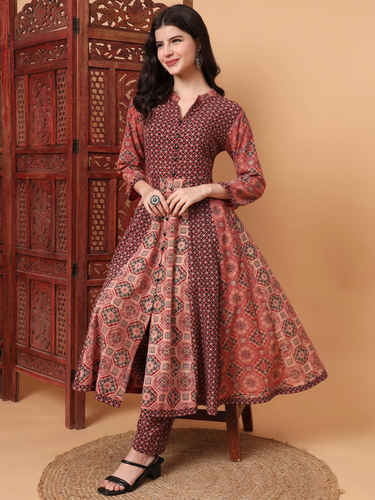 Hand Block Ajrak Maroon and Orange kalidar Kurta S2012