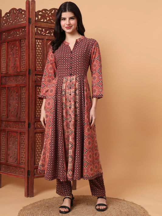 Hand Block Ajrak Maroon and Orange kalidar Kurta S2012