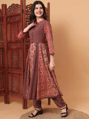 Hand Block Ajrak Maroon and Orange kalidar Kurta S2012