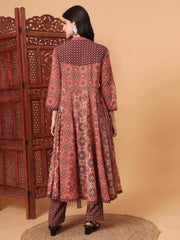 Hand Block Ajrak Maroon and Orange kalidar Kurta S2012