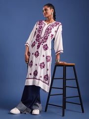 Modal White Cotton Purple Thread Chikankari Kurti