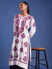 Modal White Cotton Purple Thread Chikankari Kurti