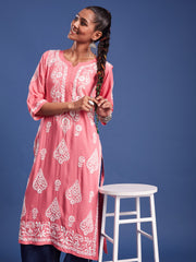 Pink Rayon Chikankari Kurti