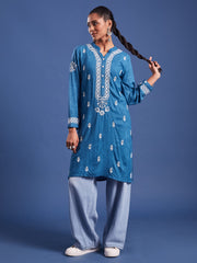 Chikankari Embroidery Blue Rayon Kurta