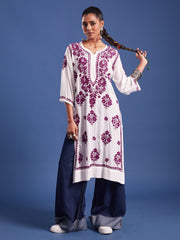Modal White Cotton Purple Thread Chikankari Kurti