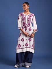 Modal White Cotton Purple Thread Chikankari Kurti