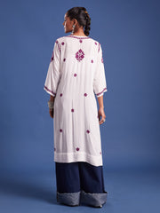 Modal White Cotton Purple Thread Chikankari Kurti