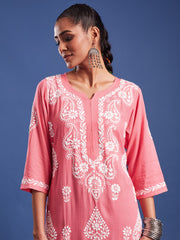 Pink Rayon Chikankari Kurti