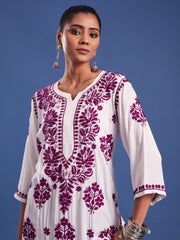 Modal White Cotton Purple Thread Chikankari Kurti
