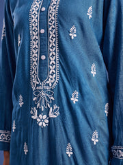 Chikankari Embroidery Blue Rayon Kurta
