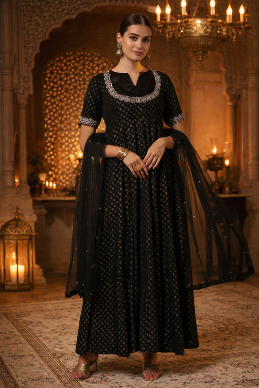 Hand Embroidery Foil Print Georgette Ethnic Zardosi Dress